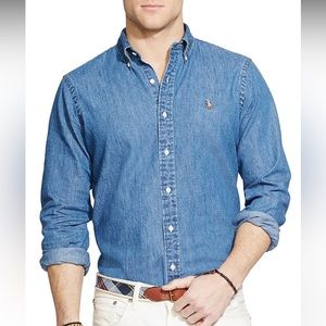 🦖RALPH LAUREN MEN’S CLASSIC FIT DENIM LONG SLEEVE SHIRT SIZE-M 100% COTTON